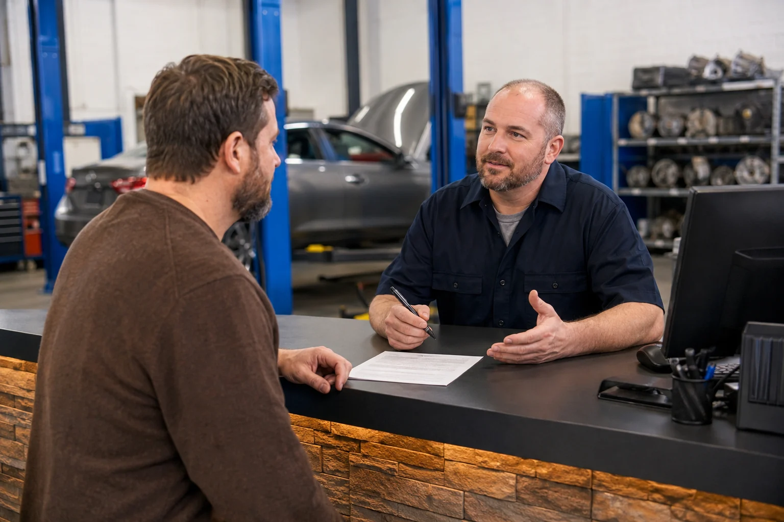 Illustration of a customer discussing transmission repair