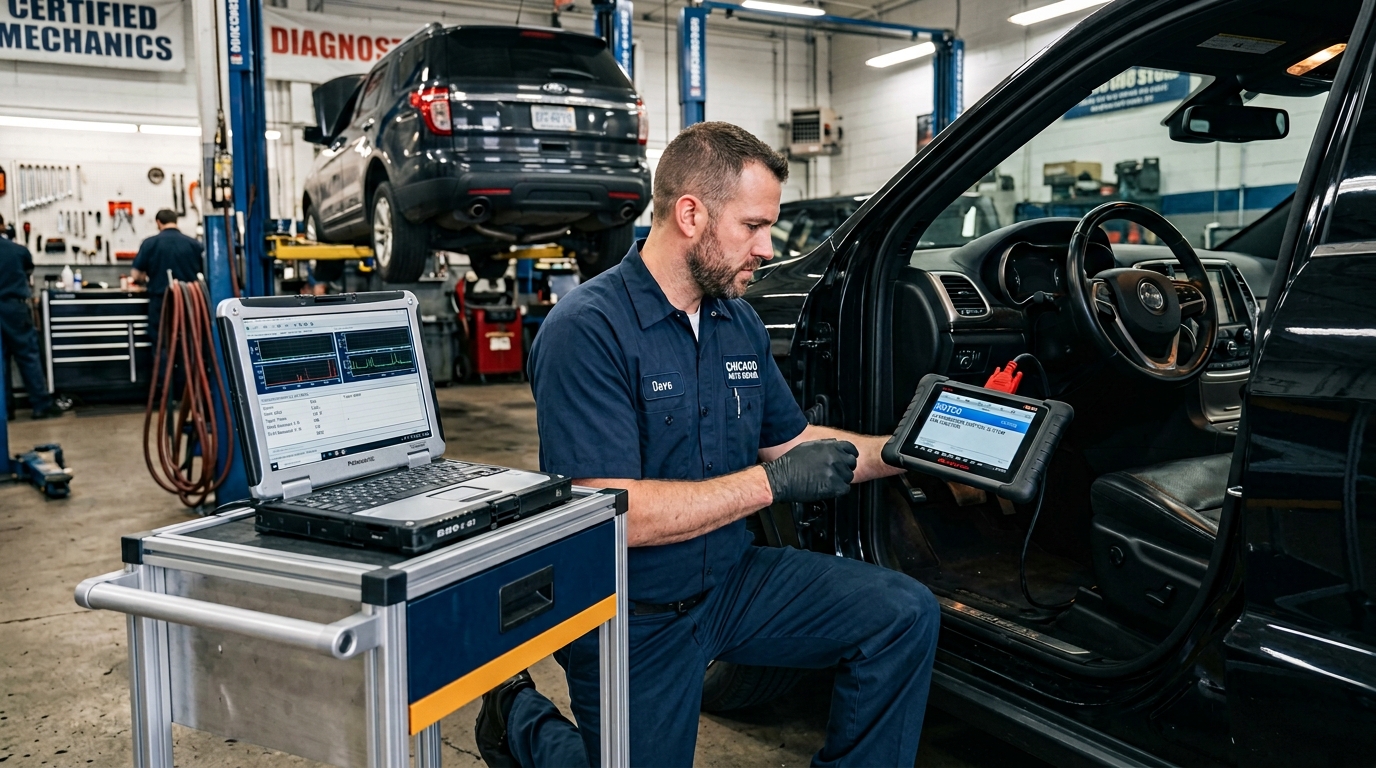 Mechanic scanning a vehicle with diagnostic tablet at Chicago Transmission
