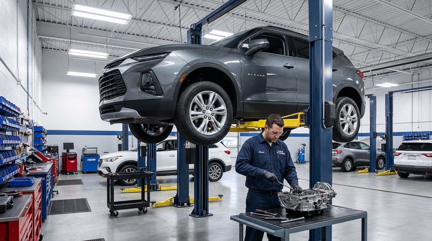 Chevrolet SILVERADO 1500 on the lift for transmission service - Chicago Transmission shop