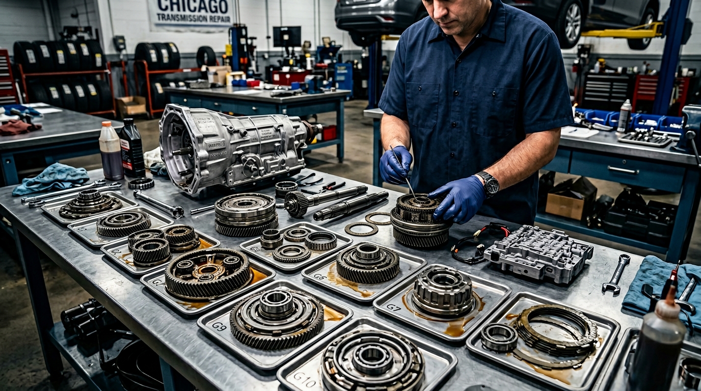 Transmission parts organized on a workbench for repair documentation and warranty support
