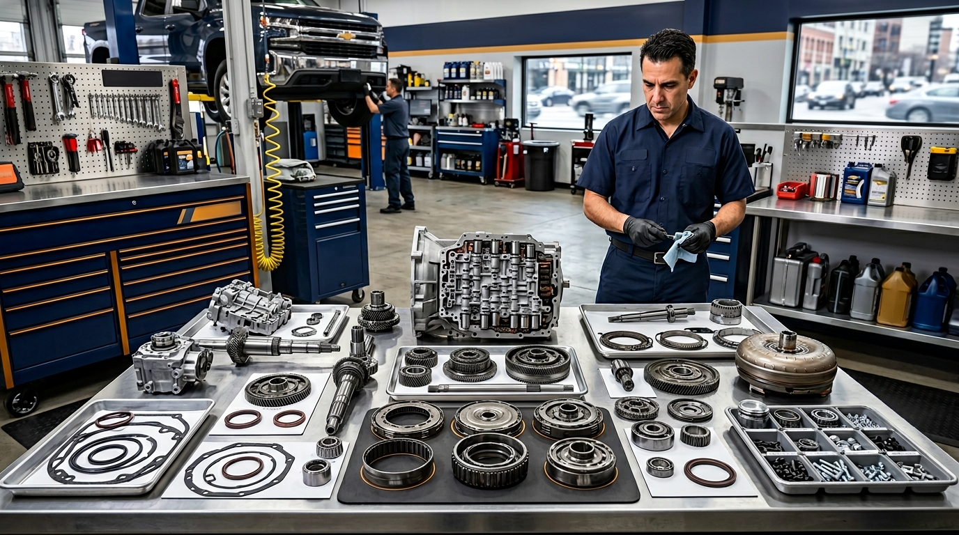 Transmission builder with parts laid out at Chicago Transmission