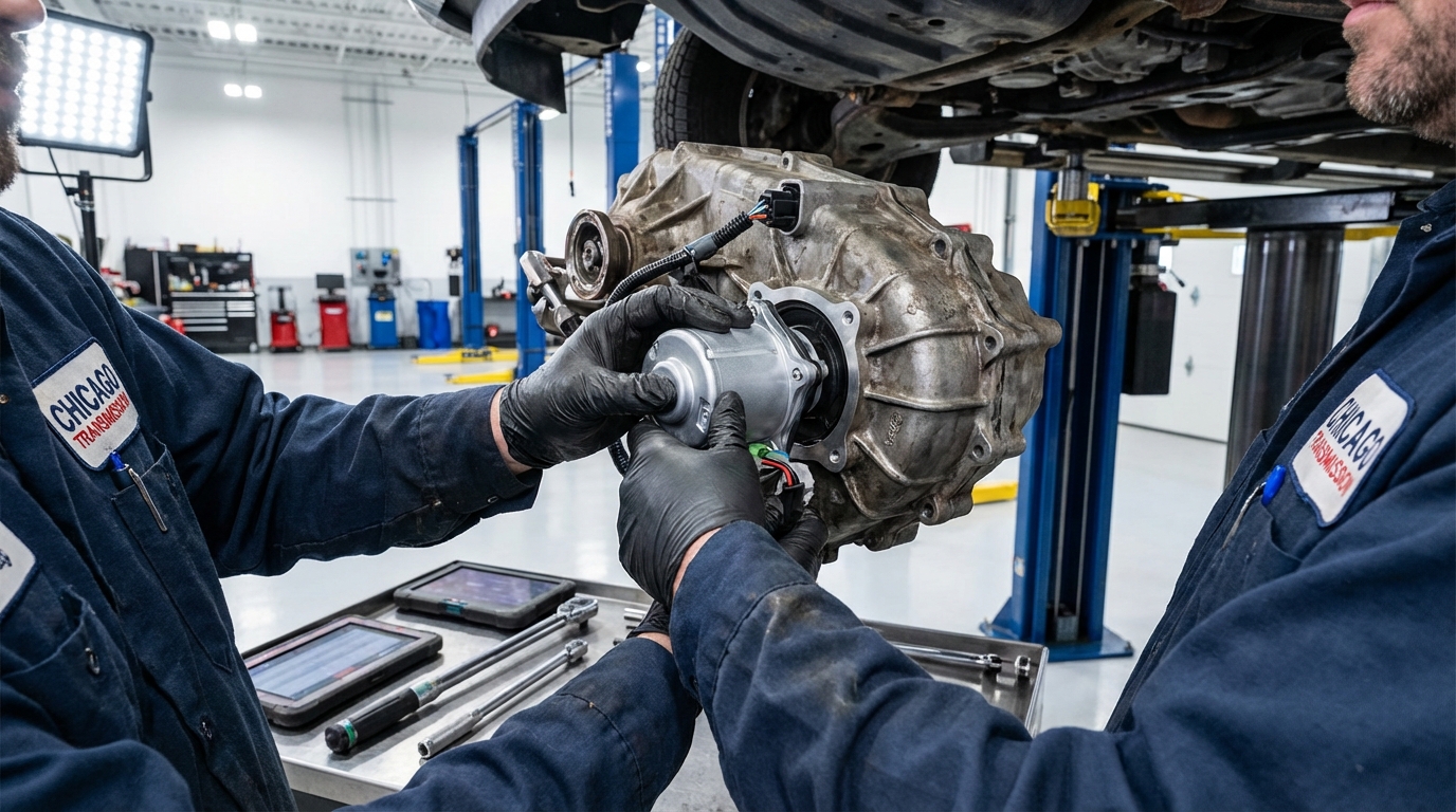Transmission rebuild workbench at Chicago Transmission - 2-year / 24,000-mile warranty